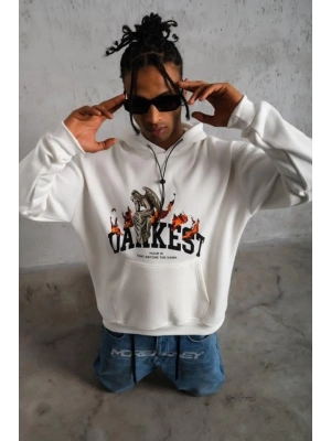 Erkek Oversize Kapüşonlu Sweatshirt – Beyaz Renk Üç İplik İçi Pamuklu Kanguru Cepli Baskılı Hoodie Rahat Kalıp Kışlık Günlük Kombinlere Uygun - Beyaz