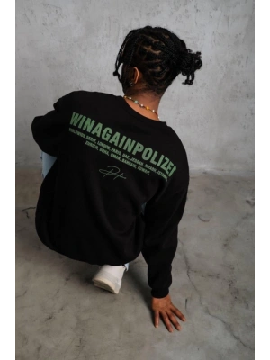 Erkek Oversize Sweatshirt – Siyah Renk  Ön Ve Sırt Baskılı, Üç İplik İçi Pamuklu Kumaş, Rahat Kalıp, Ribanalı Kışlık Sweat  Winagain Polizei Serisi - Siyah