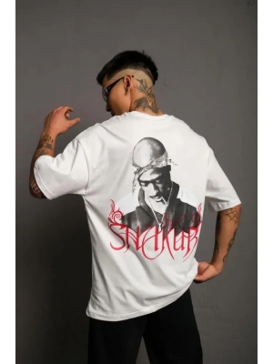 Erkek Oversize Tişört – Beyaz 24/1 Penye Kumaş, Bisiklet Yaka, Ön - Arka Baskılı, Streetwear Tarzı Rahat Büyük Kalıp T-Shirt- Beyaz