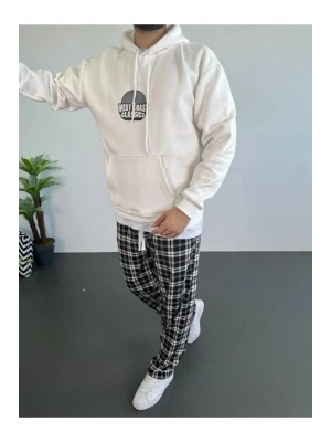 Erkek Oversize Üç İplik Kapüşonlu Sweatshirt – Beyaz Ön Baskılı, Kanguru Cepli, Rahat Kalıp, İçi Pamuklu Model