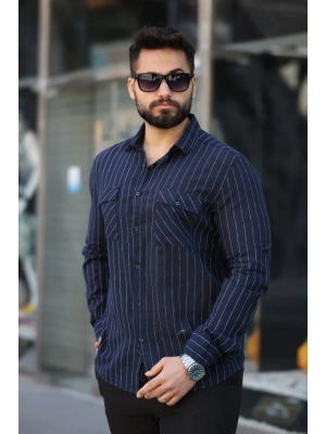 Erkek Pamuklu Çizgi Desenli Cep Detaylı Gömlek