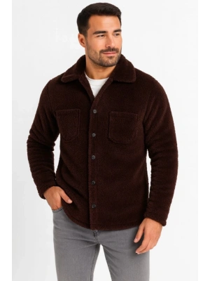 Erkek Pelüş Polar Hırka Gömlek – Yakalı, İlik Düğmeli, Göğüs Cepli, Yumuşak Dokulu Kışlık Regular Fit Rahat Günlük Model - Kahverengi