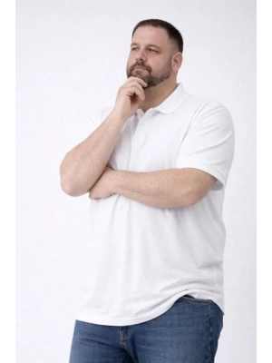 Erkek Pike Kumaş Düğmeli Yaka Battal Büyük Beden Günlük Kısa Kol Tişört T-shirt - Beyaz