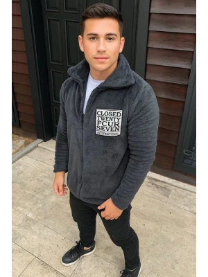 Erkek Polar Fermuarlı Sweatshirt – Kapüşonsuz, Cepli, Yumuşak Dokulu, Oversize Rahat Kalıp, Kışlık Sıcak Tutan Fermuarlı Üst - Füme