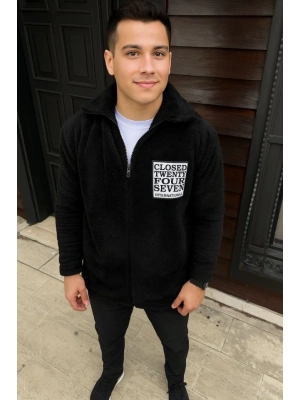 Erkek Polar Fermuarlı Sweatshirt – Kapüşonsuz, Cepli, Yumuşak Dokulu, Oversize Rahat Kalıp, Kışlık Sıcak Tutan Fermuarlı Üst - Siyah