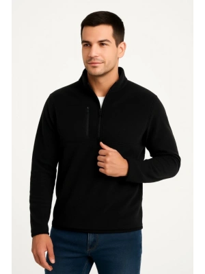 Erkek Polar Kazak – Dik Yaka, Yarım Fermuarlı, Fermuarlı Göğüs Cepli, Siyah Biyeli, Kışlık Rahat Regular Fit Günlük Model - Siyah