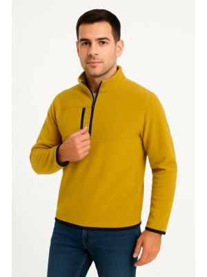 Erkek Polar Kazak – Dik Yaka, Yarım Fermuarlı, Fermuarlı Göğüs Cepli, Siyah Biyeli, Kışlık Rahat Regular Fit Günlük Model - Sarı