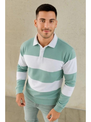 Erkek Polo Yaka Uzun Kollu Çizgili Sweatshirt Trend Rugby Stil - Çağla Yeşili