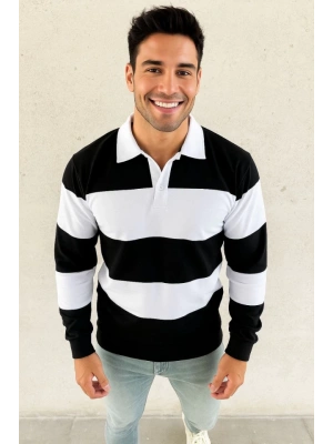 Erkek Polo Yaka Uzun Kollu Çizgili Sweatshirt Trend Rugby Stil - Siyah