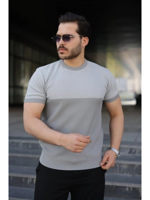 Erkek Renk Bloklu Bisiklet Yaka Kısa Kollu Triko Tişört