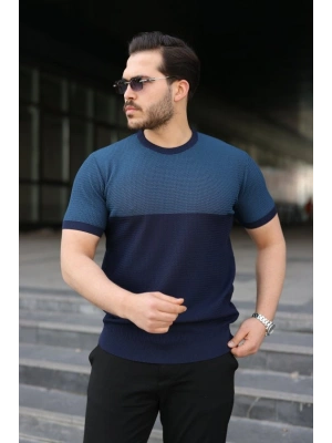 Erkek Renk Bloklu Bisiklet Yaka Kısa Kollu Triko Tişört