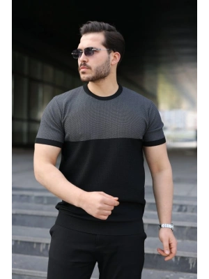 Erkek Renk Bloklu Bisiklet Yaka Kısa Kollu Triko Tişört