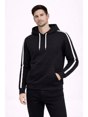 Erkek Şeritli Kapüşonlu Sweatshirt Oversize 3 Iplik Pamuklu - Siyah