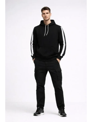 Erkek Şeritli Kapüşonlu Sweatshirt Oversize 3 Iplik Pamuklu - Siyah