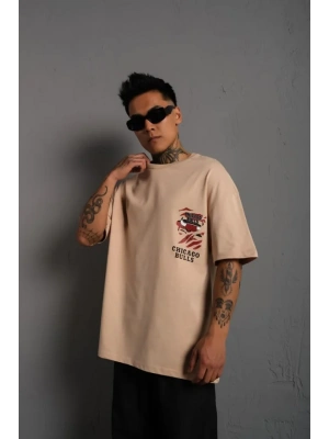 Erkek Sırt Baskılı A Kalite Oversize T-shirt - Bej