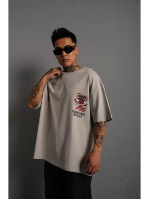 Erkek Sırt Baskılı A Kalite Oversize T-shirt - Gri