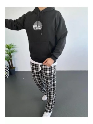 Erkek Sırt Baskılı Kapüşonlu Üç İplik Oversize Sweatshirt - Siyah