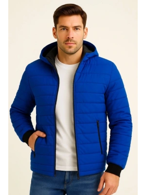 Erkek Şişme Kapüşonlu Fermuarlı Mont Su Itici Kapitone Astarlı Kumaş Cepli Kışlık Rahat Kalıp - Saks Mavisi