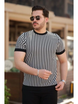 Erkek Siyah Beyaz örme Pamuklu Kumaş Kısa Kollu T-shirt