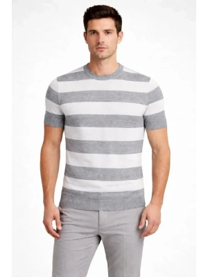 Erkek T-shirt Çizgili Triko Dokuma Bisiklet Yaka Tişört - Gri
