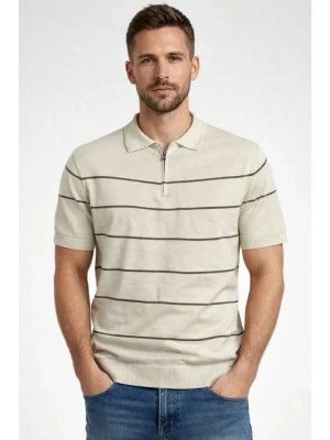 Erkek T-shirt Çizgili Triko Dokuma Kumaş Polo Yaka Yarım Fermuarlı Regular Kalıp Tişört - Bej