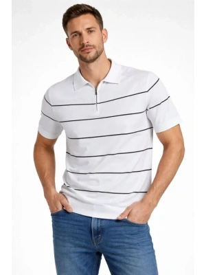 Erkek T-shirt Çizgili Triko Dokuma Kumaş Polo Yaka Yarım Fermuarlı Regular Kalıp Tişört - Beyaz
