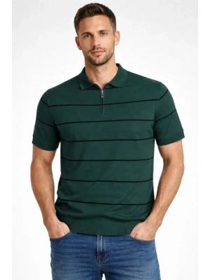 Erkek T-shirt Çizgili Triko Dokuma Kumaş Polo Yaka Yarım Fermuarlı Regular Kalıp Tişört - Çağla Yeşili