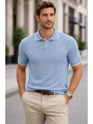 Erkek Triko Kumaş Yakalı Düğmesiz Açık Yaka Fitilli Kısa Kollu Regular Fit Tişört T-shirt - Bebek Mavisi