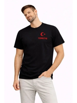 Erkek TÜRKİYE Ay Yıldız Baskılı Taraftar Forma T-Shirt - Siyah