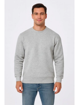 Erkek Üç İplik Düz Bisiklet Yaka SweatShirt - Gri