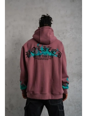 Erkek Üç İplik Içi Pamuklu Alev Baskılı Kapüşonlu Sweatshirt - Gül Kurusu