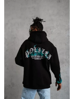 Erkek Üç İplik İçi Pamuklu Alev Baskılı Kapüşonlu Sweatshirt - Siyah