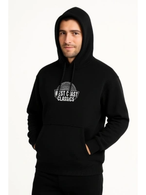 Erkek Üç İplik Kapüşonlu Ön Ve Arka Baskılı SweatShirt Hoodie - Siyah