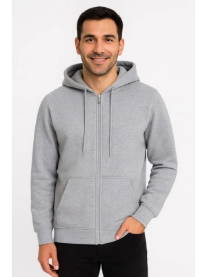 Erkek Üç İplik Kapüşonlu Tam Fermuarlı Kanguru Çepli SweatShirt Hoodie - Gri