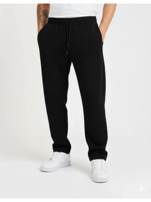 Erkek Üç Iplik Kışlık Pamuklu Ovarsize Bağcıklı Düz Paça Cepli Eşofman Altı Spor Rahat Model - Siyah