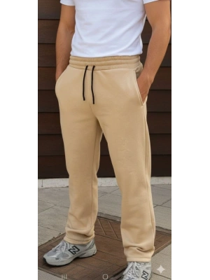 Erkek Üç Iplik Kışlık Pamuklu Ovarsize Bağcıklı Düz Paça Cepli Eşofman Altı Spor Rahat Model - Bej