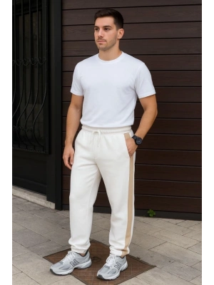 Erkek Üç İplik Kışlık Pamuklu Yandan Garneli Kalın Bej Şeritli Cepli Eşofman Altı - Beyaz