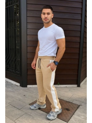 Erkek Üç İplik Kışlık Pamuklu Yandan Garneli Kalın Şeritli Cepli Eşofman Altı - Bej