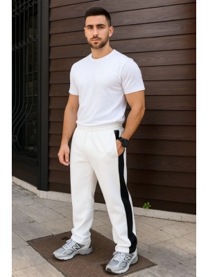 Erkek Üç İplik Kışlık Pamuklu Yandan Garneli Kalın Şeritli Cepli Eşofman Altı - Beyaz