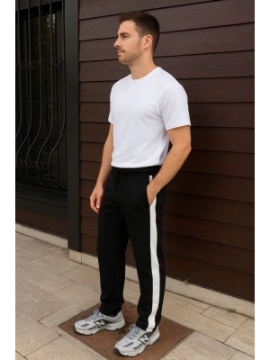 Erkek Üç İplik Kışlık Pamuklu Yandan Garneli Kalın Şeritli Cepli Eşofman Altı - Siyah