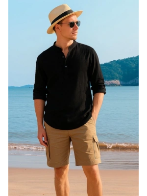 Erkek Uzun Kollu Hakim Yaka Düğmeli Erkek Müslim Gömlek