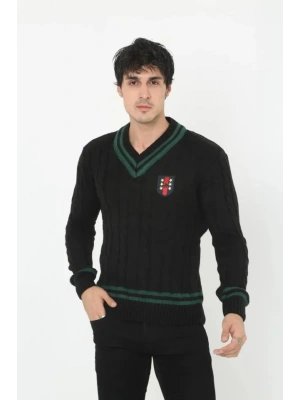 Erkek V Yaka Örgülü Kazak - Siyah