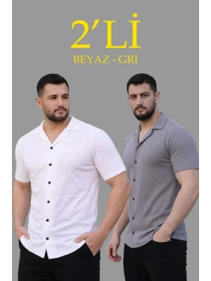 Erkek Waffle Dokuma Açık Yakalı Düğmeli Regular Kalıp 2’li Gömlek Seti - Beyaz - Gri