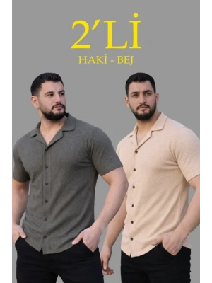 Erkek Waffle Dokuma Açık Yakalı Düğmeli Regular Kalıp 2’li Gömlek Seti - Haki - Bej