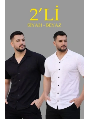 Erkek Waffle Dokuma Açık Yakalı Düğmeli Regular Kalıp 2’li Gömlek Seti - Siyah - Beyaz