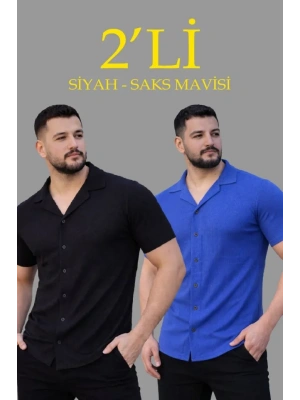 Erkek Waffle Dokuma Açık Yakalı Düğmeli Regular Kalıp 2’li Gömlek Seti - Siyah - Saks Mavisi