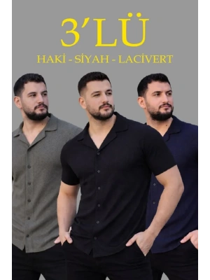 Erkek Waffle Dokuma Açık Yakalı Düğmeli Regular Kalıp 3’lü Gömlek Seti - Siyah, Haki, Lacivert