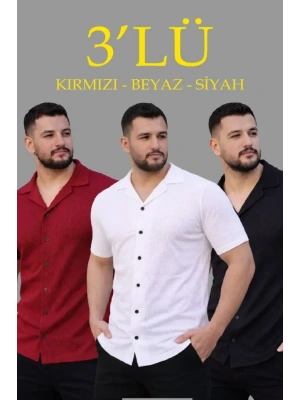 Erkek Waffle Dokuma Açık Yakalı Düğmeli Regular Kalıp 3’lü Gömlek Seti - Siyah, Kırmızı, Beyaz