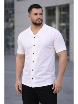Erkek Waffle Kumaş Kısa Kollu Düğmeli Açık Yaka Regular Fit Gömlek - Beyaz