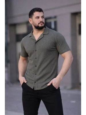 Erkek Waffle Kumaş Kısa Kollu Düğmeli Açık Yaka Regular Fit Gömlek - Haki